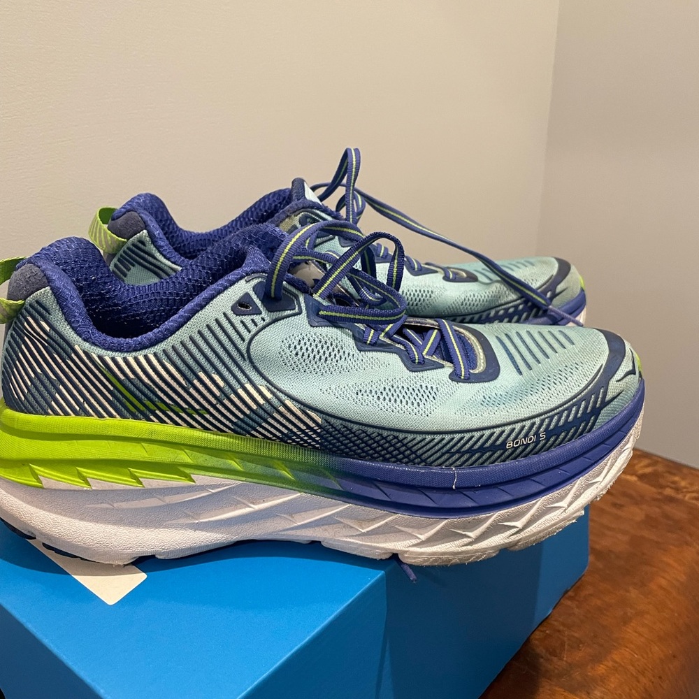 Hoka Blue and Green Running Shoes